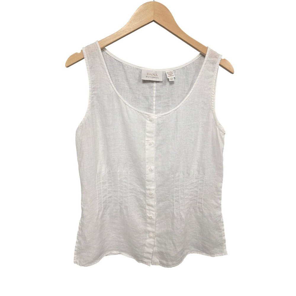 Dana Buchman Linen Tank Top Women 14 White Pintuck Button Up Coastal Summer Vest